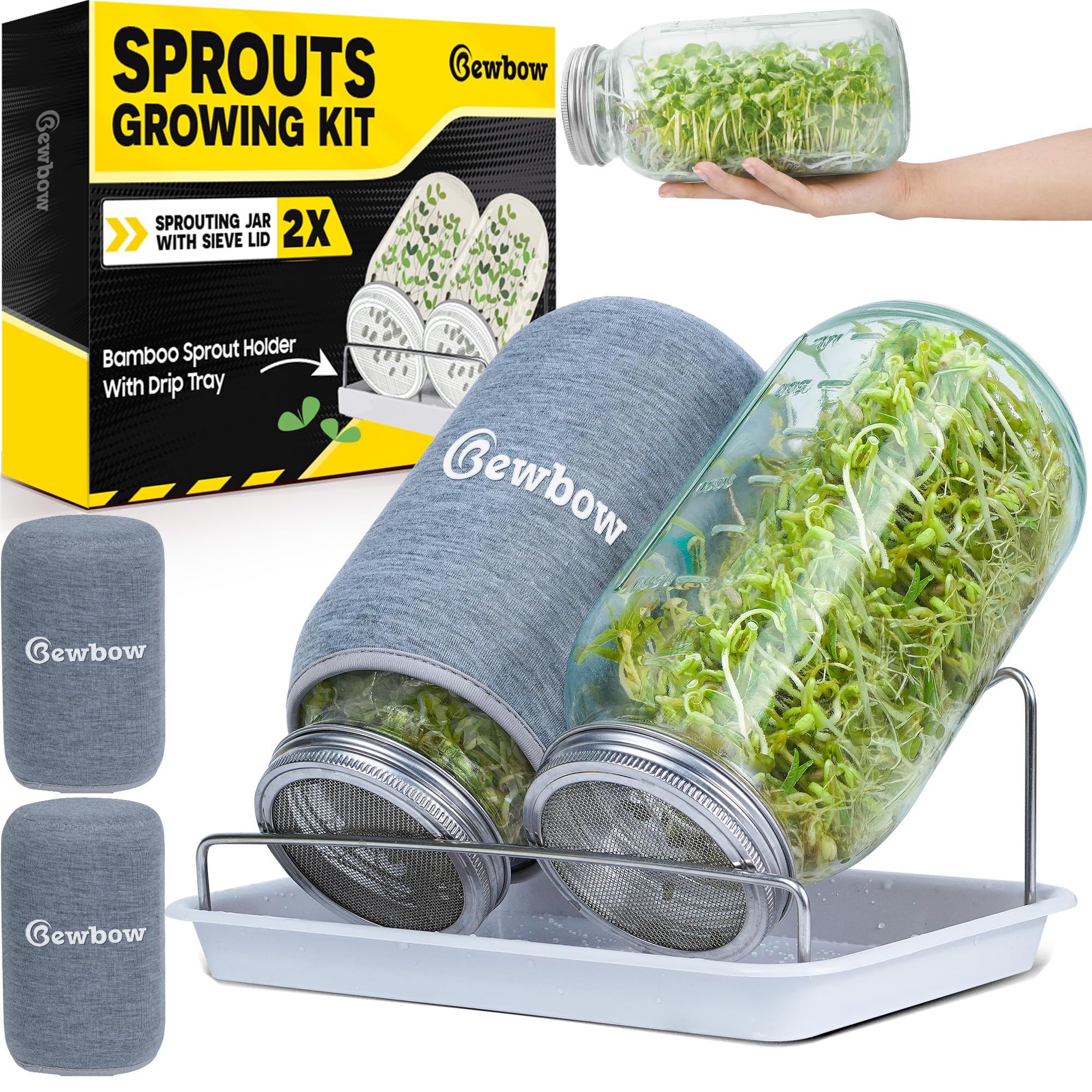 Photo 1 of [LARGE SIZE] 2000ml(68oz) Seed Sprouting Mason Jar Kit with Stand,Drain Tray, Screen Lids,Blackout Sleeves,Good Ventilation & Drainage Capacity,Growing Fresh Organic Mung Beans,Broccoli & Microgreens