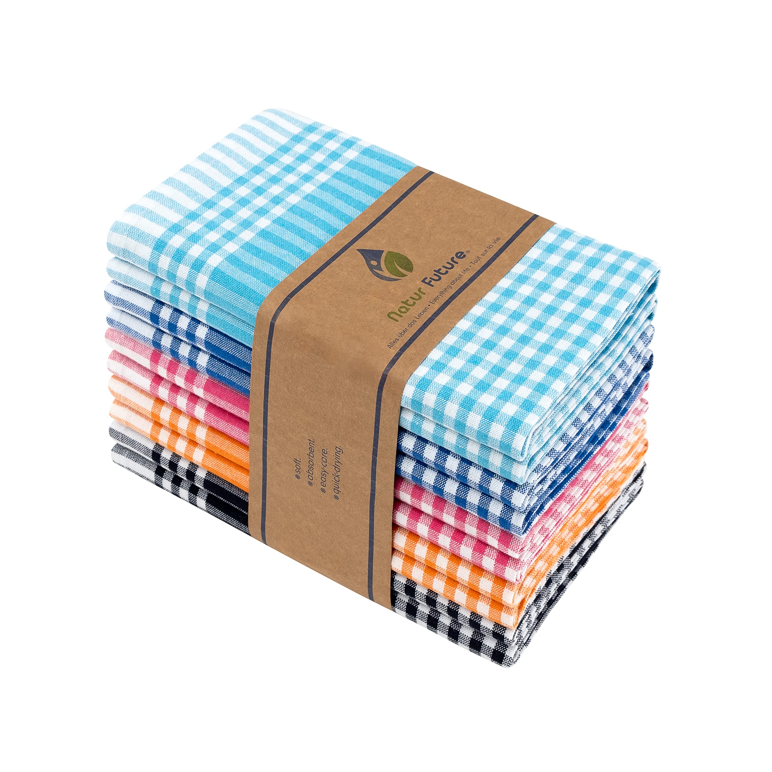 NATUR FUTURE® Cotton Tea Towels, Set of 10, Multicoloured, 45 x 65 cm, Vintage Look, Checked, Tea Towels, Kitchen Towels, Cleaning Cloths, Dry Cloths
