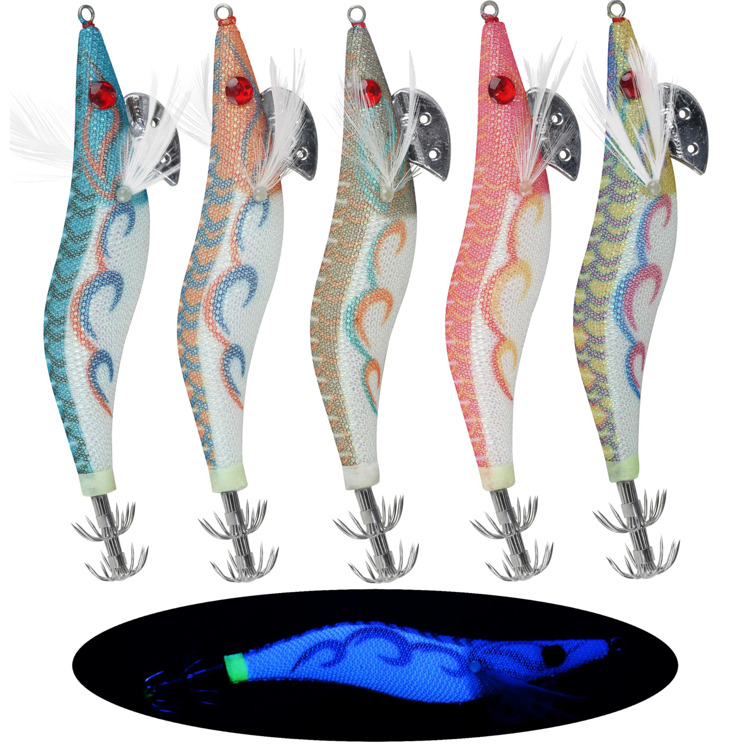 Squid Jig Saltwater Fishing Lures, 5pcs/10pcs Saltwater Glow Squid Jig Hooks Hard Bait Luminous UV Shrimp Prawn Lures Fluorescent Cuttlefish Sleeve Squid Jigs Kit for Cuttlefish Octopus Fishing