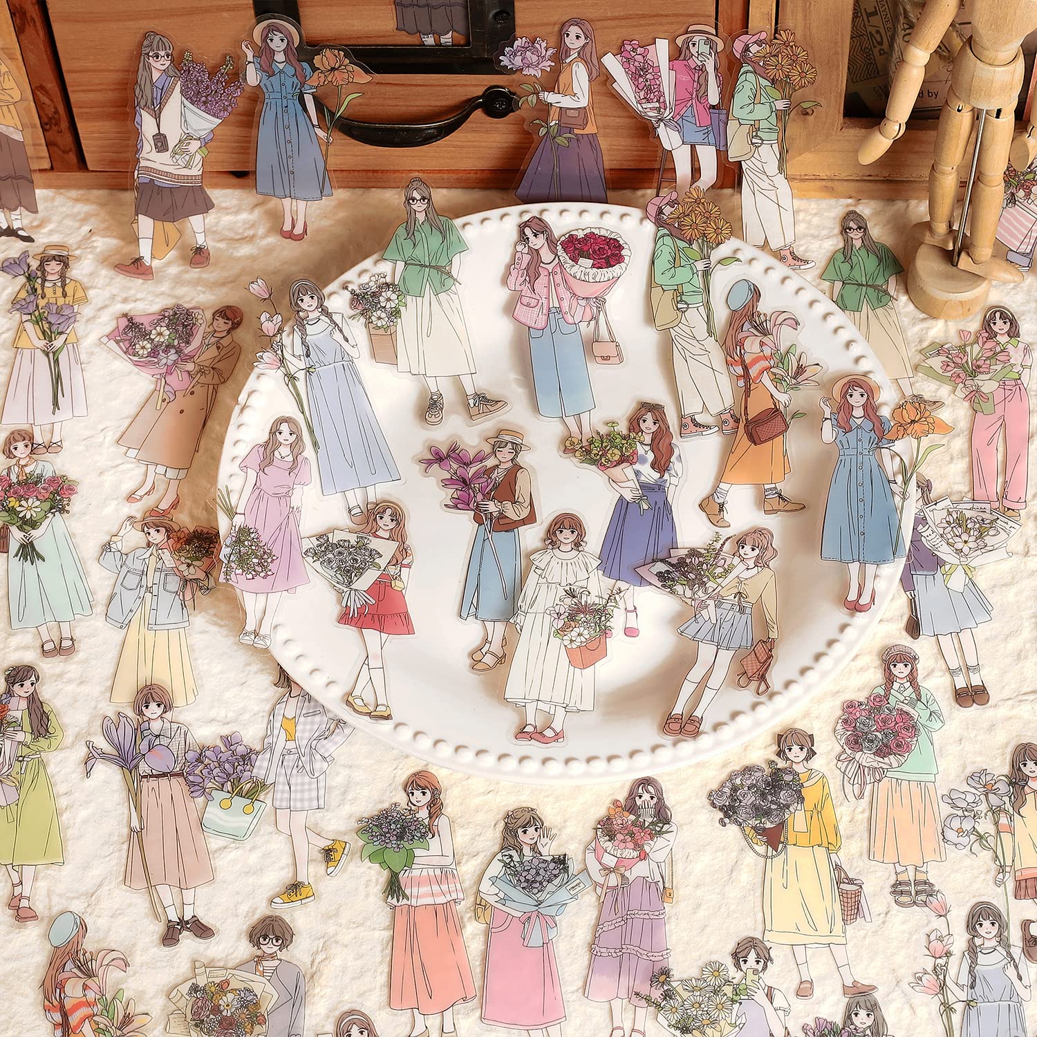 Alideco 120pcs Scrapbook Stickers Set Kawaii Vintage Four Seasons Girls wear Stickers for Journaling Scrapbooking Junk Journal Crafts Embelishment Decoration Diary Stickers (xindongnvhai)