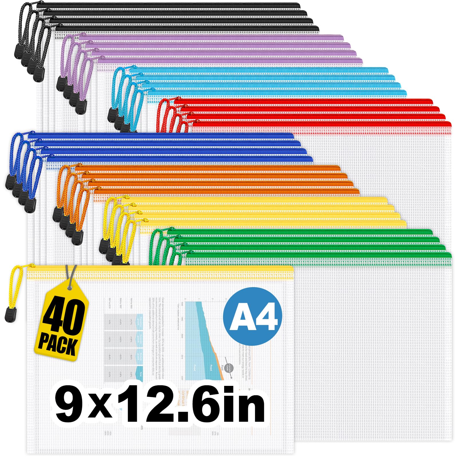 Photo 1 of Jumlys 40 Pack Mesh Zipper Pouch Bags, A4 Mesh Bags with Zippers in 8 Color, Waterproof Zip File Folder Pouch for Organization Storage, Letter Size Zippers Bag for Classroom/Home/Office