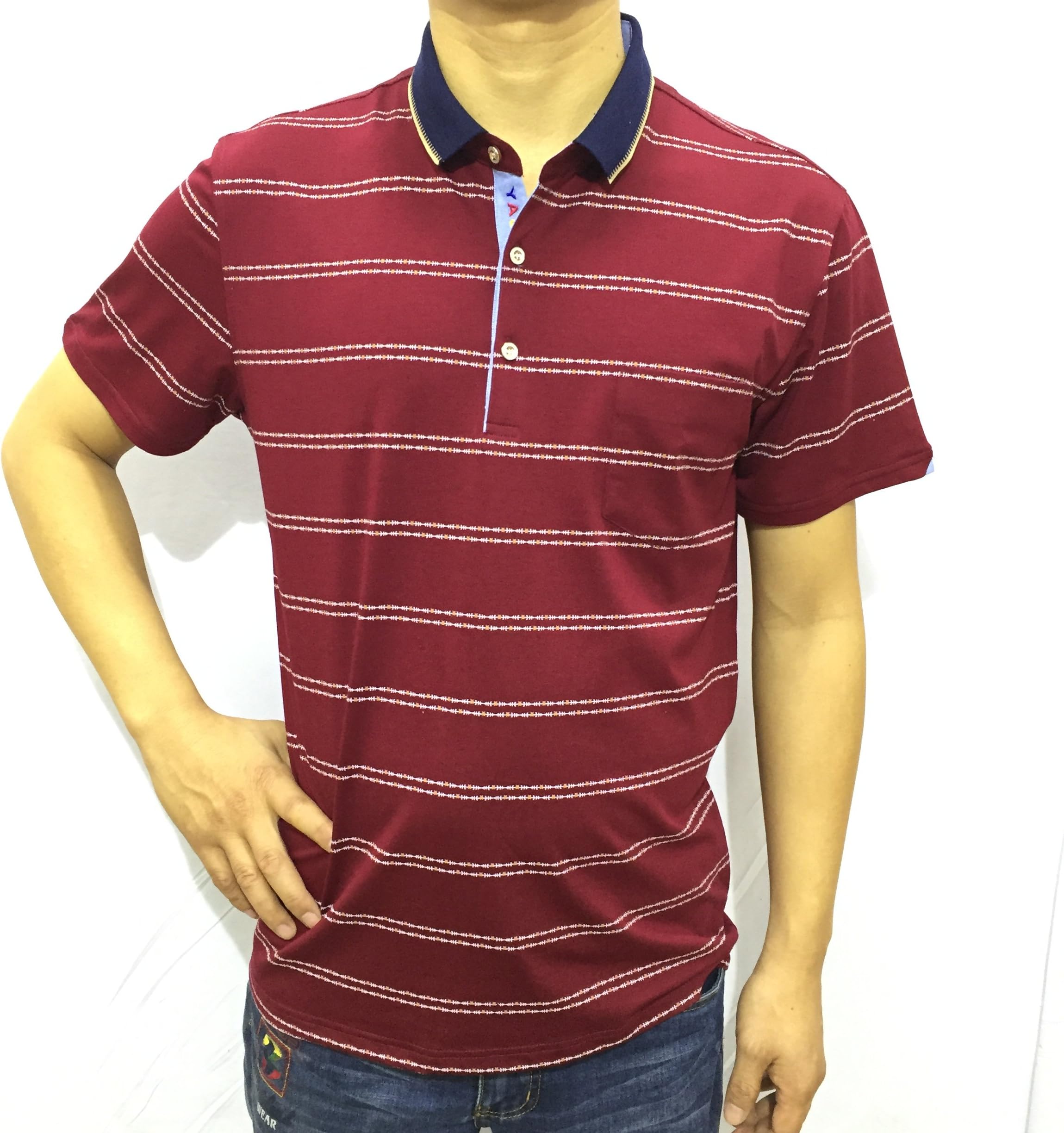 Men's Polo Shirt, Cotton, Stripe Patterns, Contrast Neck Band, Short-sleeve By Caballero