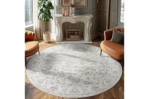 jinchan Round Rug 8ft Area Rug - Taupe Vintage Floor Mat Kitchen Indoor Thin Floral Print - Washable Circle 8' Retro Accent for Farmhouse Non Slip Dining Room Living Room Bedroom Office