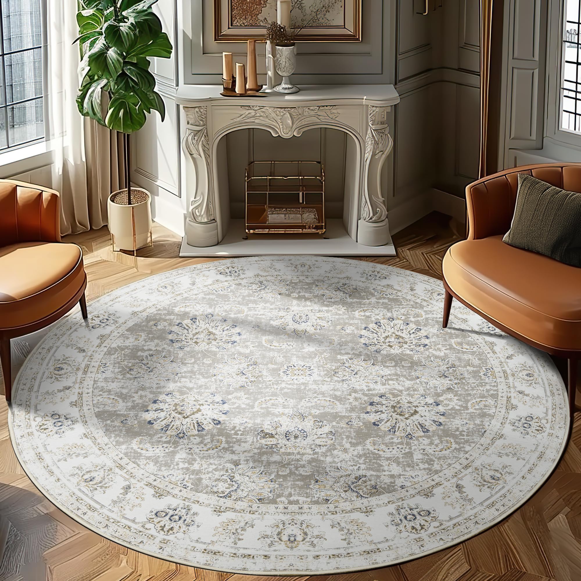 Photo 1 of **STOCK PHOTO COLOR FOR REFERENCE SEE PHOTO**
jinchan Round Rug 7ft Area Rug - Taupe Vintage Floor Mat Kitchen Indoor Thin Rug Floral Print - Washable Circle Rug 7' Round Retro Accent Rug Farmhouse Non Slip Dining Room Living Room Bedroom Office
