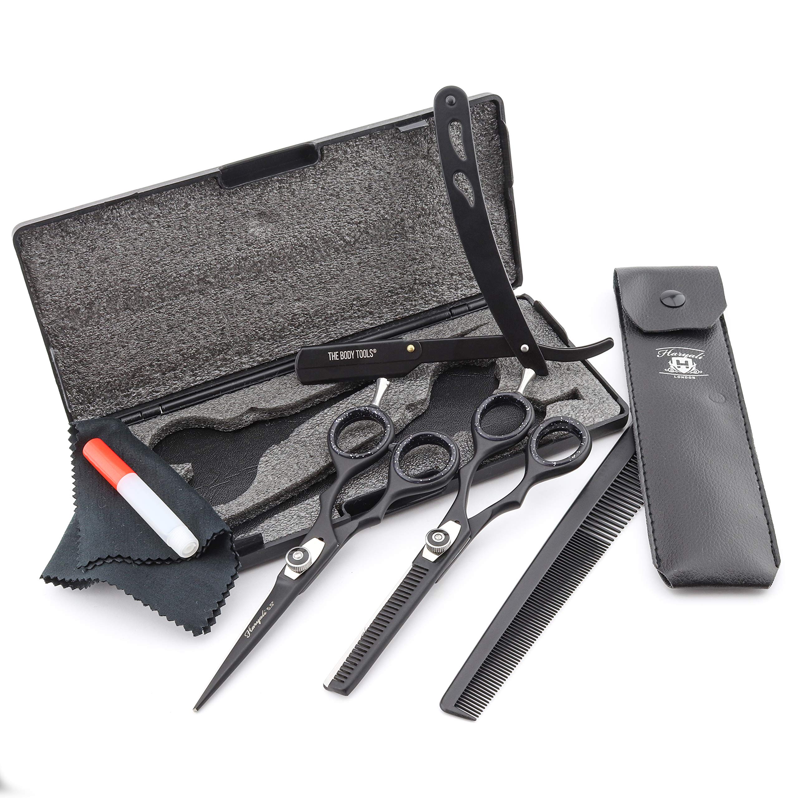 Haryali London Professional 5.5 Inch Hairdressing Barber Scissors Set Hair Cutting Thinning Shears with Straight Razor