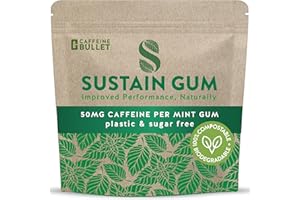 CAFFEINE BULLET Sustain Caffeine Gum - Natural Mint Energy Gum. 72 Pieces of 50 mg Caffeine Chewing Gum - Biodegradable, Sugar-Free, Contains Xylitol, Plant-Based & Plastic Free with No Aspartame - 6 Packets