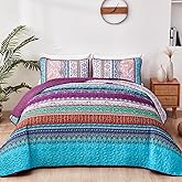 WONGS BEDDING Purple Quilt Set Queen Size, Bohemian Stripe 3 Pieces Bedspread Quilts Set Boho Lightweight Microfiber All Season Bedding Coverlet Set for Queen Bed (96"x90")