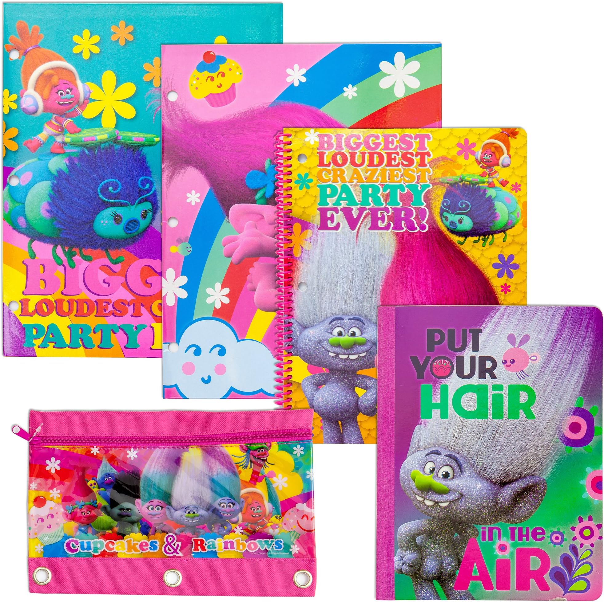 Trolls Back To School Supply Stationery | Spiral NoteBook, Subject Composition Book, 2-Pocket Folder, 3-Ring Pencil Pouch Case | Pre-School Elementary First Second Third Fourth Fifth Grades (Trolls)