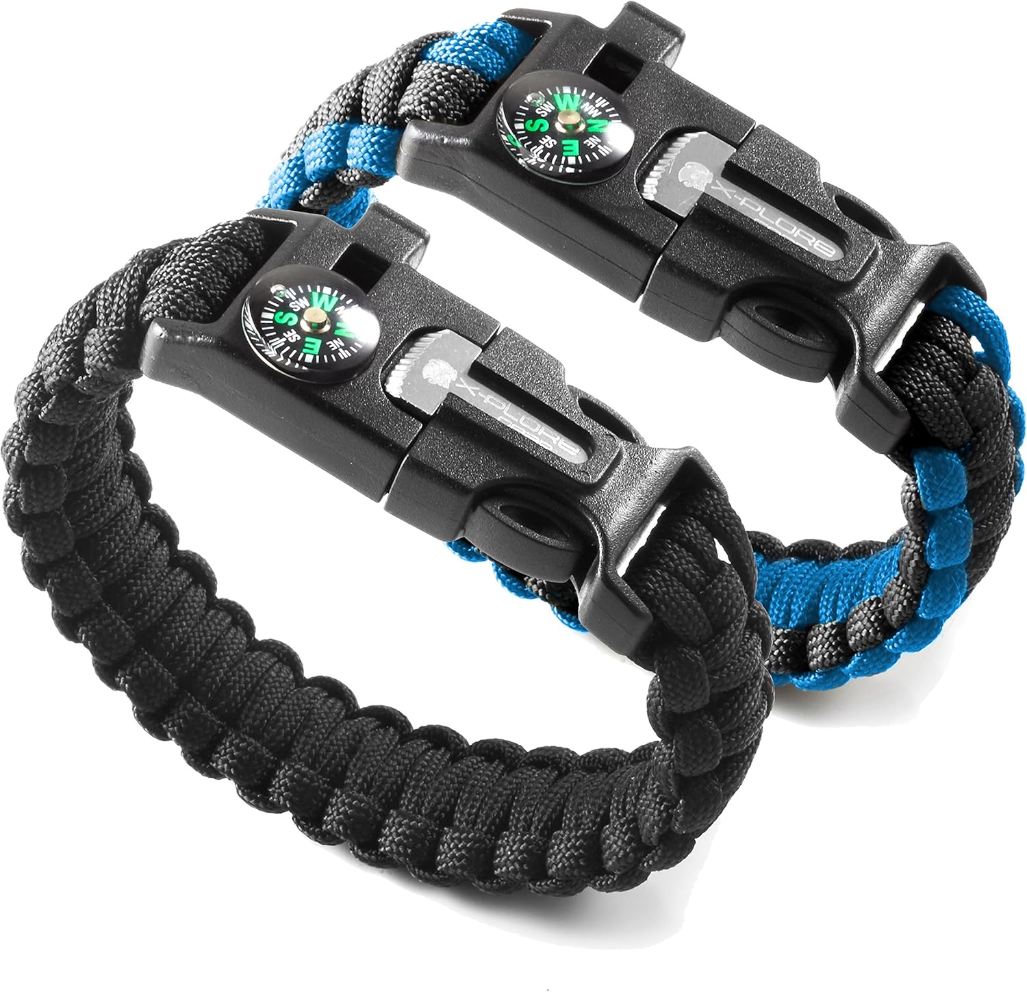 X-Plore Gear Emergency Paracord Bracelets | Set of 2| The Ultimate Tactical Survival Gear| Flint Fire Starter, Whistle, Compass & Scraper | Best Wilderness Survival-Kit - Black(R)/Blue(R) : Sports & Outdoors