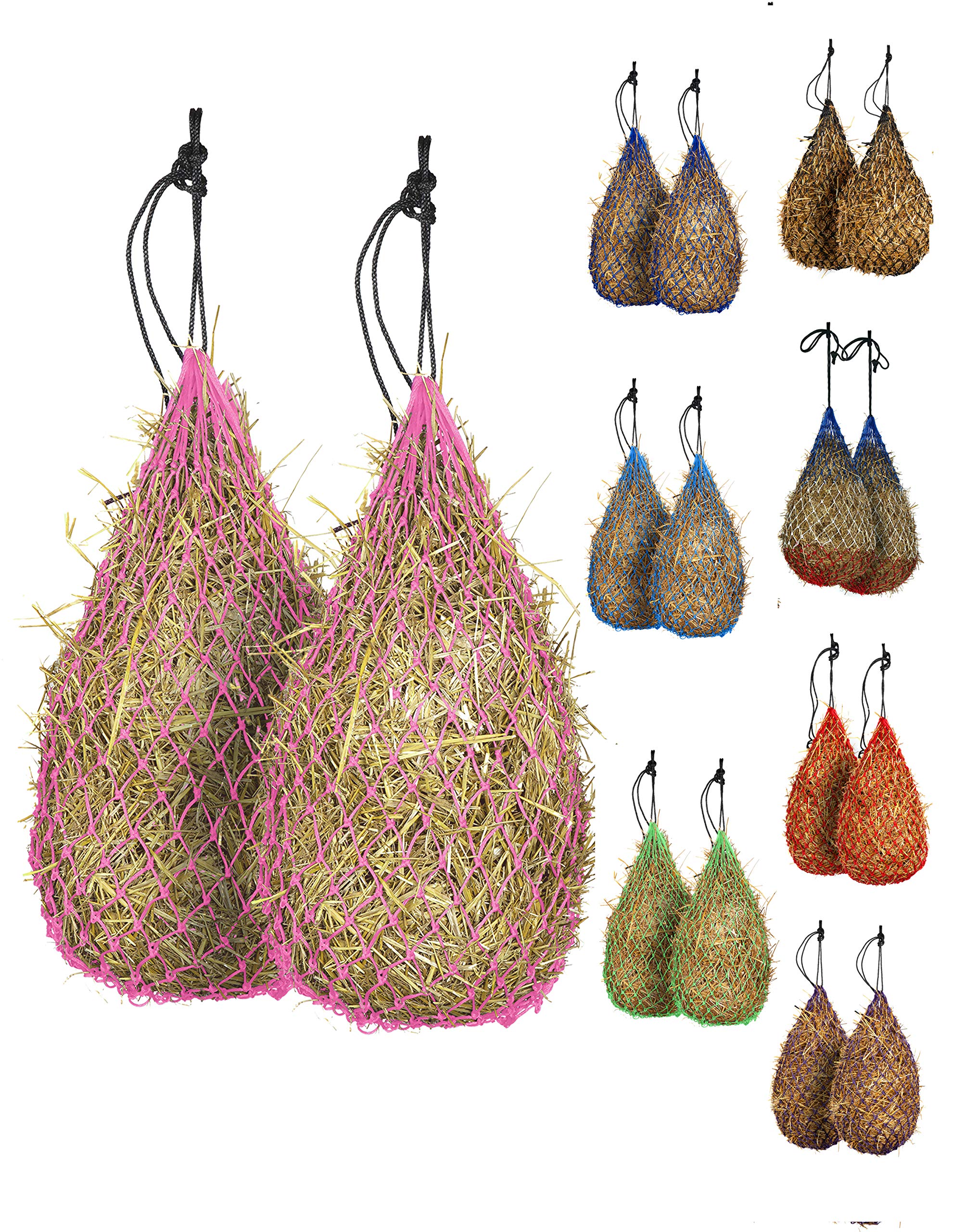 Majestic Ally 2 pcs Slow Feed 42” Hay Net for Horses, Strong Small 2x2” Holes, Nylon Rope Hanging, Adjustable Travel Feeder for Trailer and Stall, Simulates Grazing, Reduce Waste (Pink)
