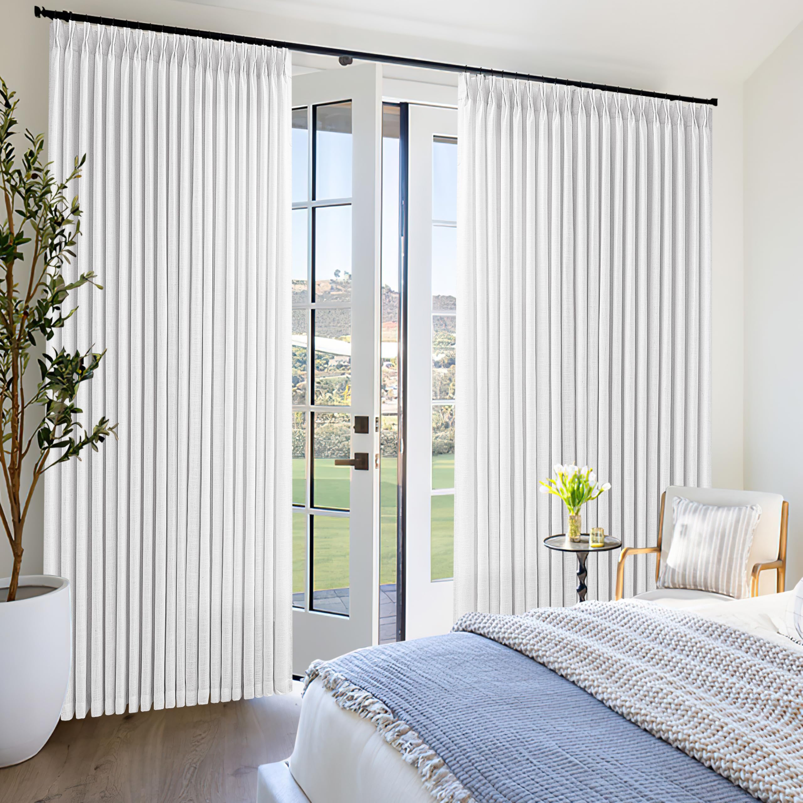 Photo 1 of Pinch Pleat Linen Curtains 108 Inches Long 70 Inch Wide for Patio Sliding Door Light Filtering Semi Sheer Pleated Drapes Back Tab White Farmhouse Extra Wide 70 x 108 Curtain for Living Dining Room