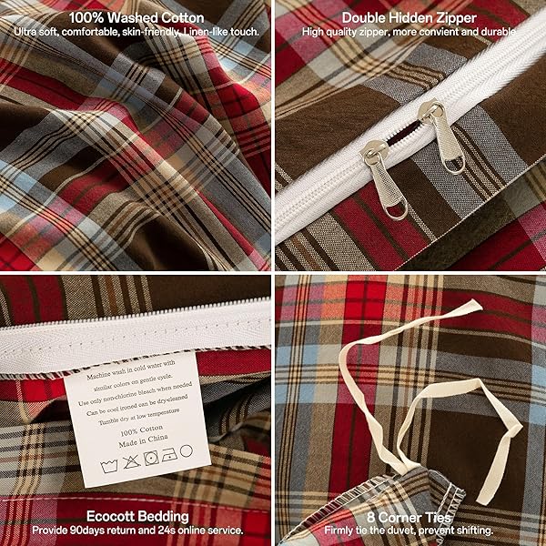 ECOCOTT BUFFALO PLAID DUVET COVER KING SIZE– 3 PIECE WASHED COTTON BEDDING SET WITH CLASSIC CHECKERED PATTERN, RED & BROWN DUVET COVER WITH PILLOWCASES FOR ALL SEASONS