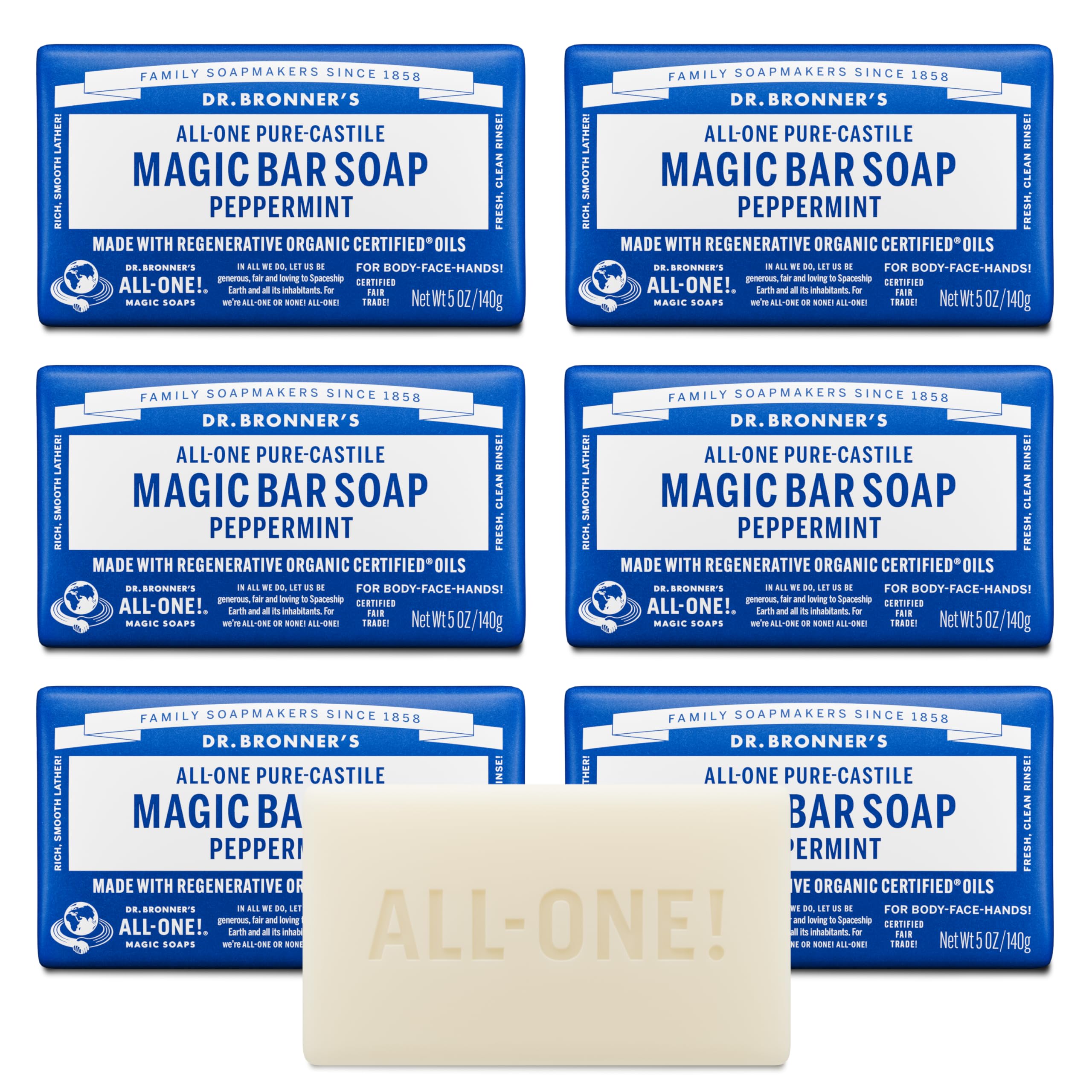Dr. Bronner's Pure-Castile Bar Soap - Peppermint, 5 oz (6 Pack)