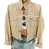 APAFES Women's Fashion Crop Fringe Denim Jacket Distressed Western Studded Black Trucker Jacket
