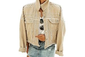 APAFES Women's Fashion Crop Fringe Denim Jacket Distressed Western Studded Black Trucker Jacket