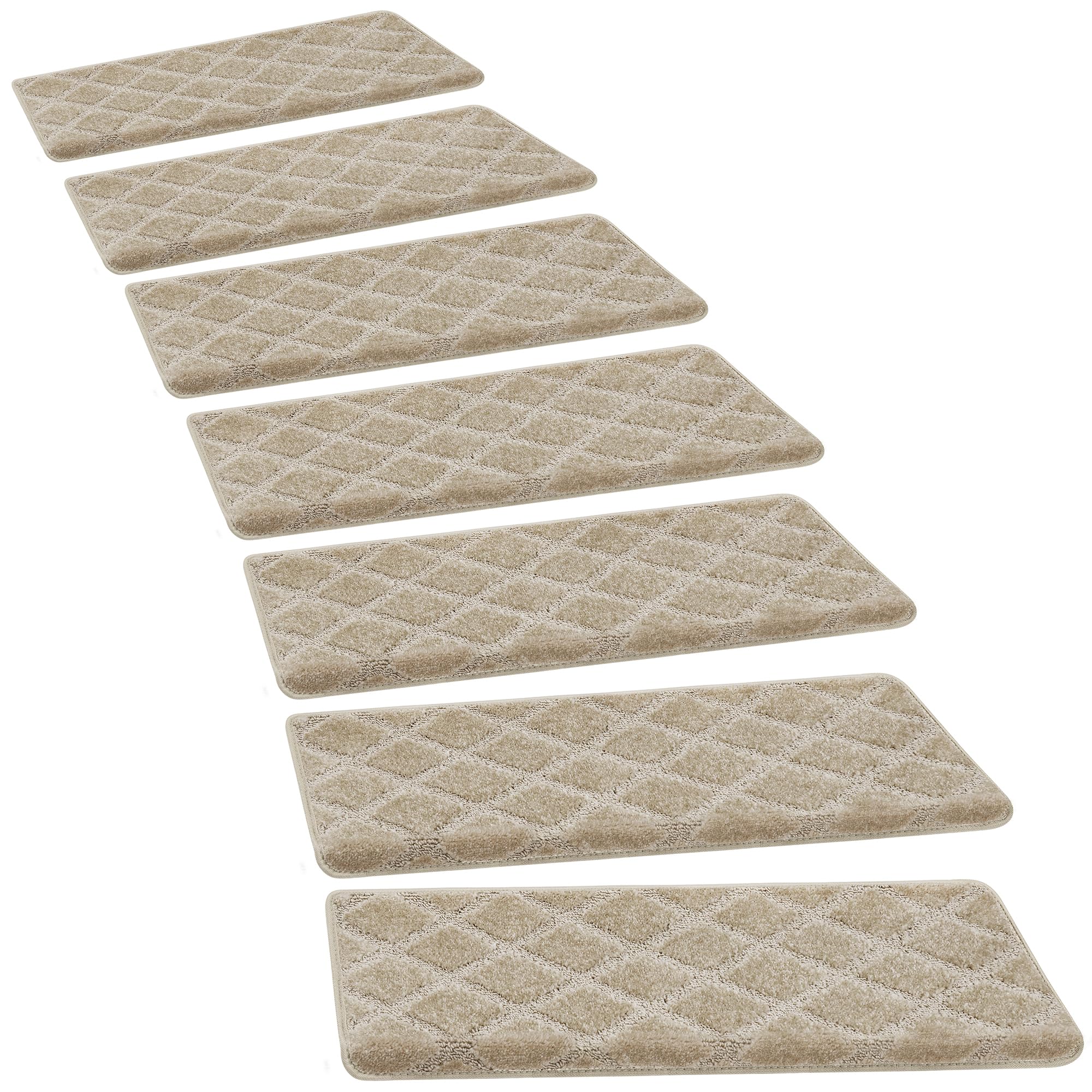 View 1 of **** VERY USED / A LITTLE DIRTY / 13 PCS *** PURE ERA Bullnose Carpet Stair Treads Tape Free Non-Slip Indoor Stair Protectors Pet Friendly Stair Treads for Wooden Steps 9.5" x 30"(14 Pieces, Cream Gray Diamond Trellis)