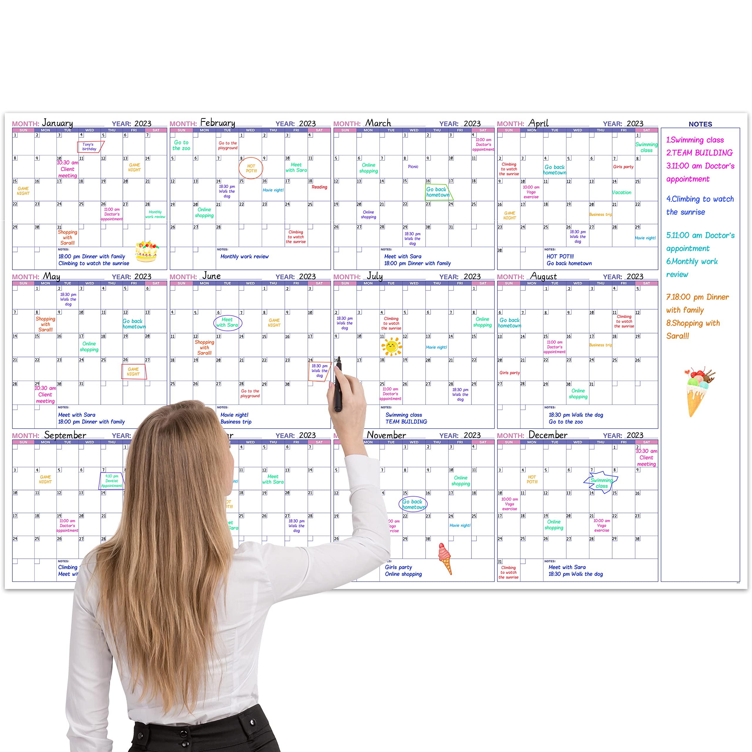 Large Dry Erase Calendar for Wall – Undated Yearly Wall Calendar Dry Erase, 37" x 58", 12-Month Erasable & Reusable Laminated Wall Calendar, Dry Erase Wall Calendar for Home, Office and School