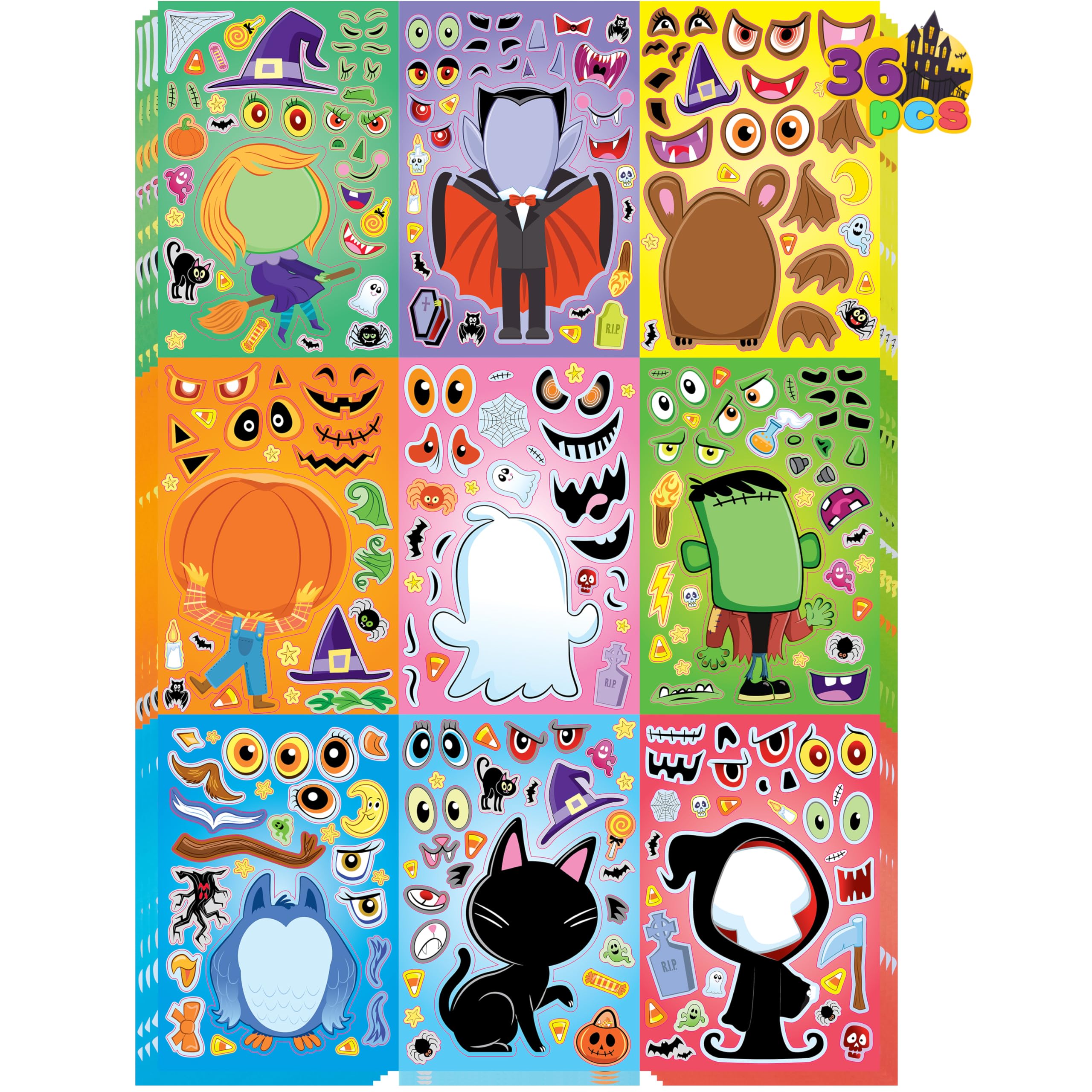 JOYIN 36 Pcs Halloween Make a Face Stickers for Kids, Crafts Party Supplies, Halloween Party Favor, Funny Stickers with 9 Designs, Classroom Art Activities Games Goodies Treats