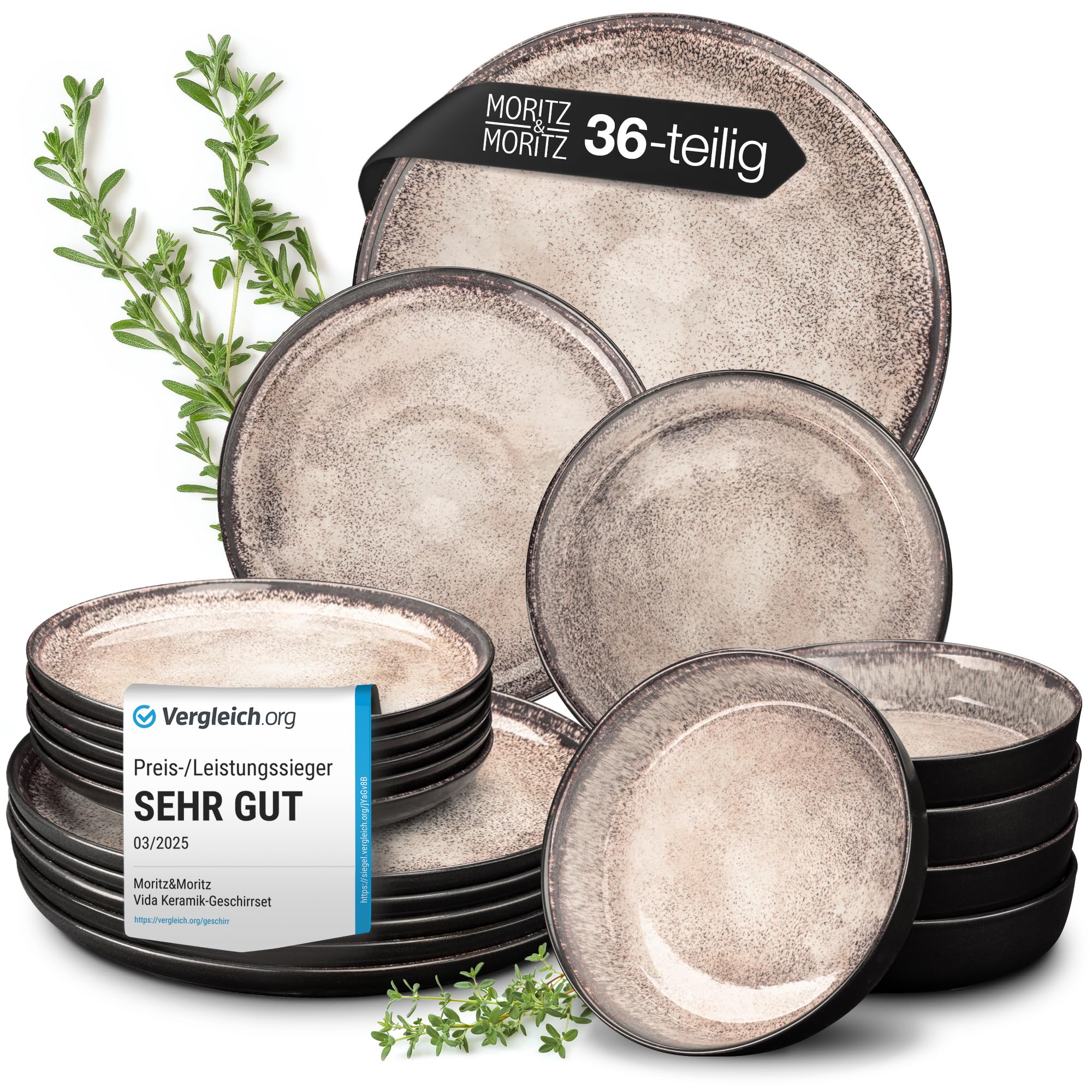 Moritz & Moritz VIDA Geschirrset 12 Personen Beige 36-tlg. - Modernes Porzellan Geschirr Set - Kratz-, Mikrowellen- & Spülmaschinenfest, Essgeschirr, Tafelservice, Kombiservice 12 Personen
