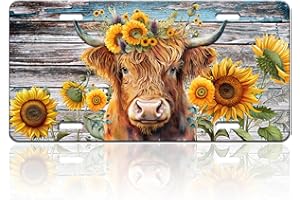 TINALUIN Highland Cow Sunflower License Plate Brown Hair Cattle License Plate Stainless Steel Front License Plate Vanity Tag Funny for Car Decorative Accessories for Women Men 6 X 12 Inch with 4 Holes