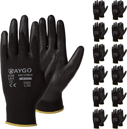 Safety Work Gloves PU Coated-12 Pairs, KAYGO KG11PB, Seamless Knit