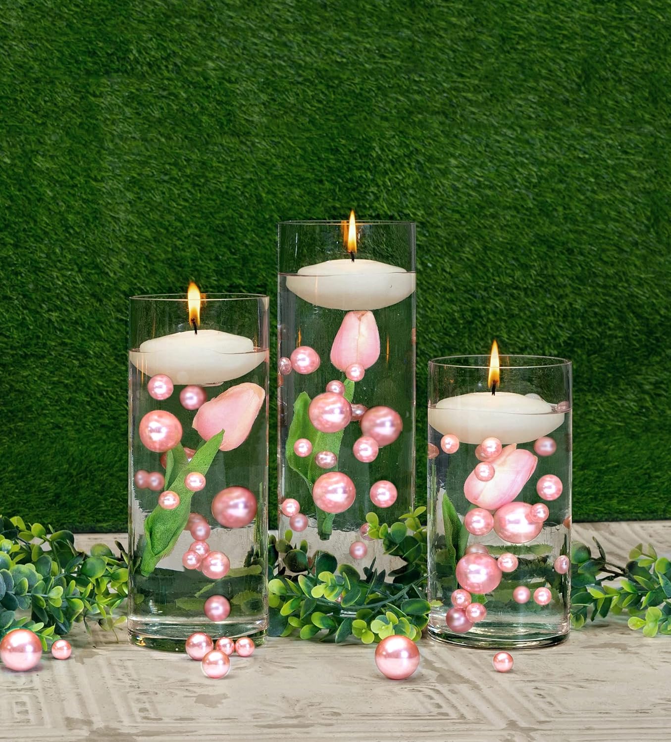 Vase Fillers - Floating Blush Light Pink Pearls - No Hole Jumbo/Assorted Sizes Vase Decorations + Includes Transparent Water Gels for Floating The Pearls