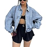 Qazel Vorrlon Womens Oversized Cropped Denim Jacket Zip Up Light Wash Blue Bomber Shacket Jean Jacket for Women Trendy 2025
