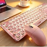 Wireless Keyboard and Mouse Combo, White Backlit Typewriter - Pink | Retro Keycaps, Bluetooth/2.4G/Wired, Clicky Blue Switch, Rechargeable, Aesthetic Set for Mac, Windows, PC( EWEADN)