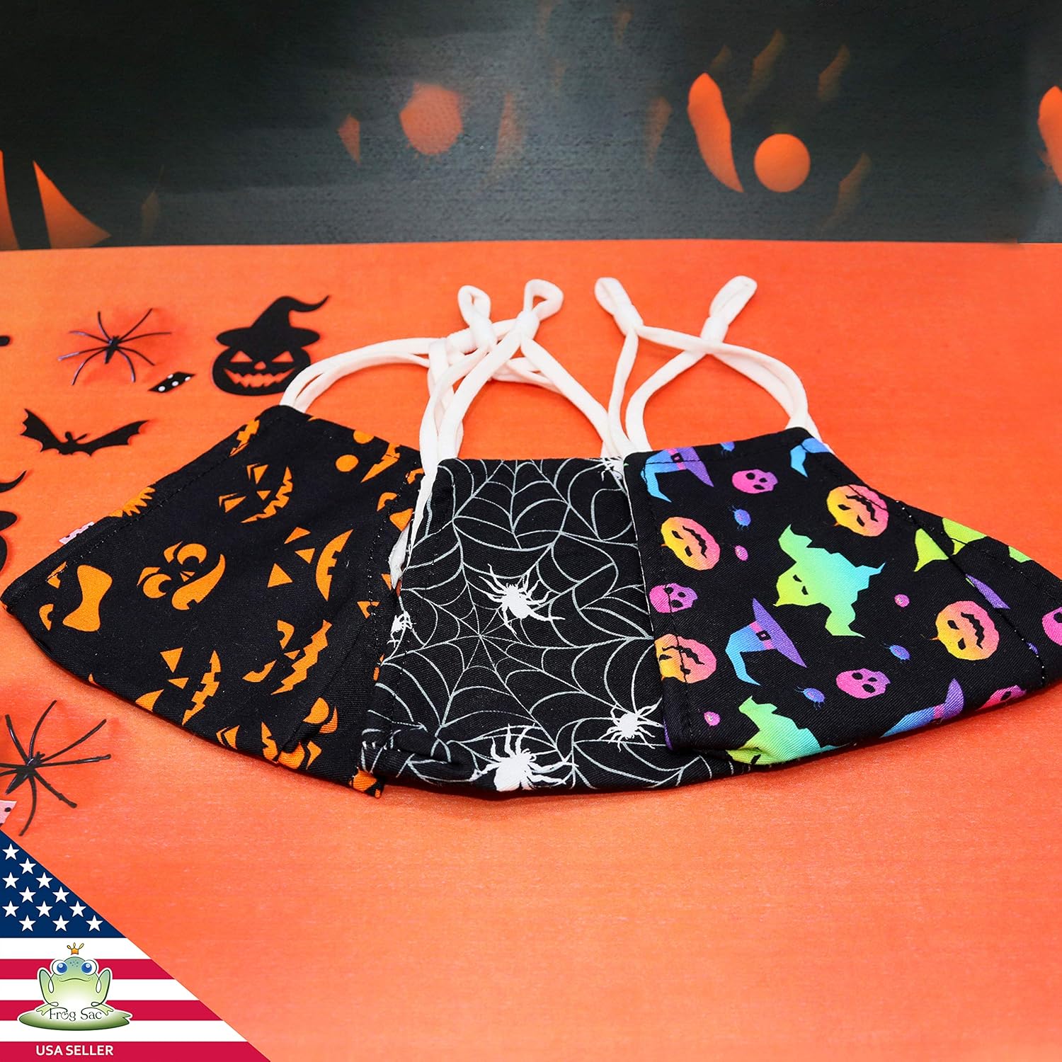 3 PCS Adjustable Halloween Face Masks for Kids, Washable Breathable Soft Cotton Mask for Children with Filter Pocket, Kid Ghost Spider Pumpkin Witch Prints with Nose Bridge Wire: Clothing