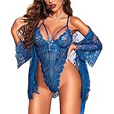 RSLOVE Sexy Womens Lingerie Set - 2 Piece Lace Kimono Robe with Lace Teddy Lingerie Bodysuit Sexy