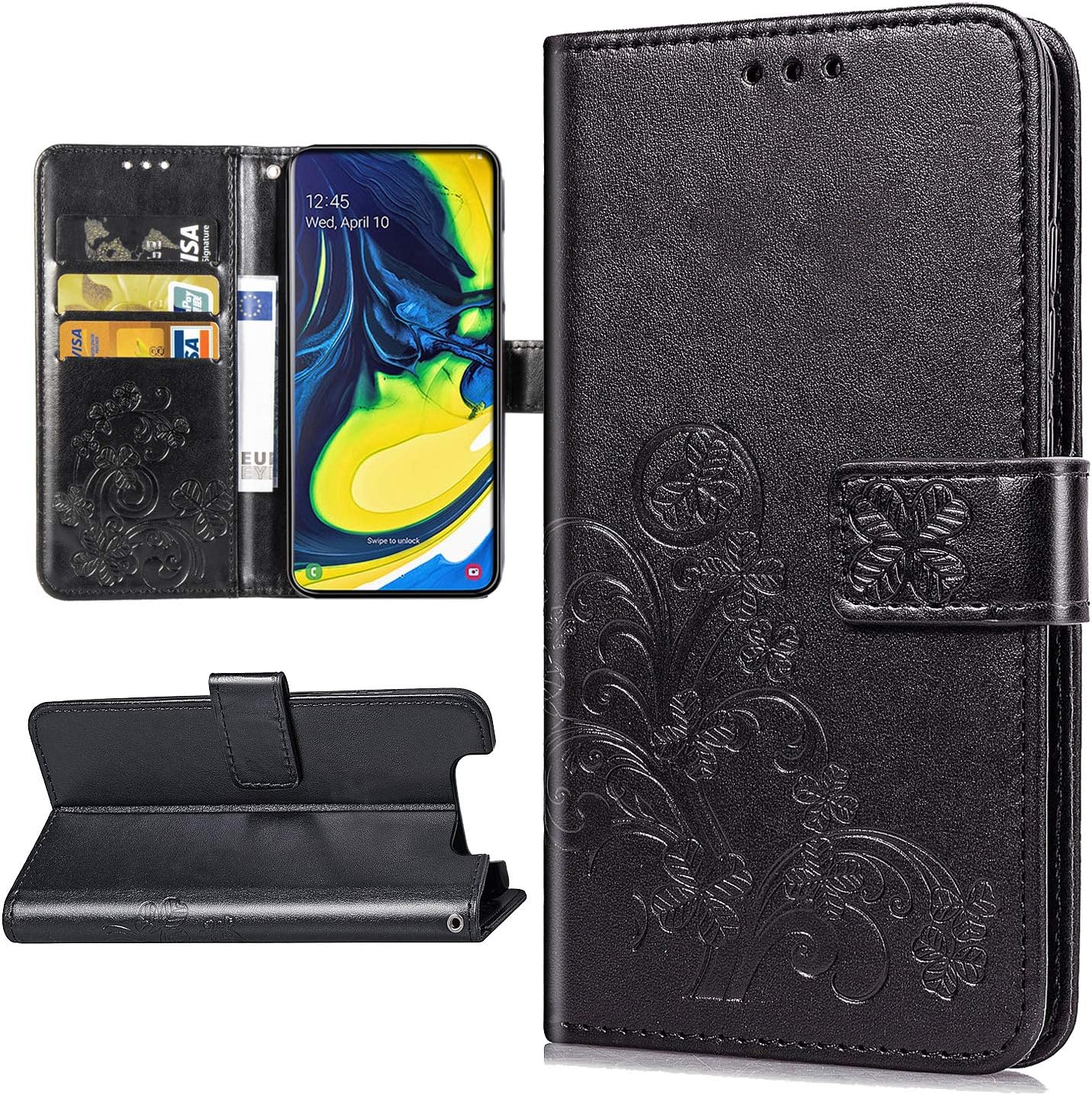 Halnziye Case for Samsung Galaxy A80, Premium Magnetic Closure Flip Leather Wallet Case [Book Desig] [Card Slots] Hard PC Phone Cover Desgined for Samsung Galaxy A80 - Black