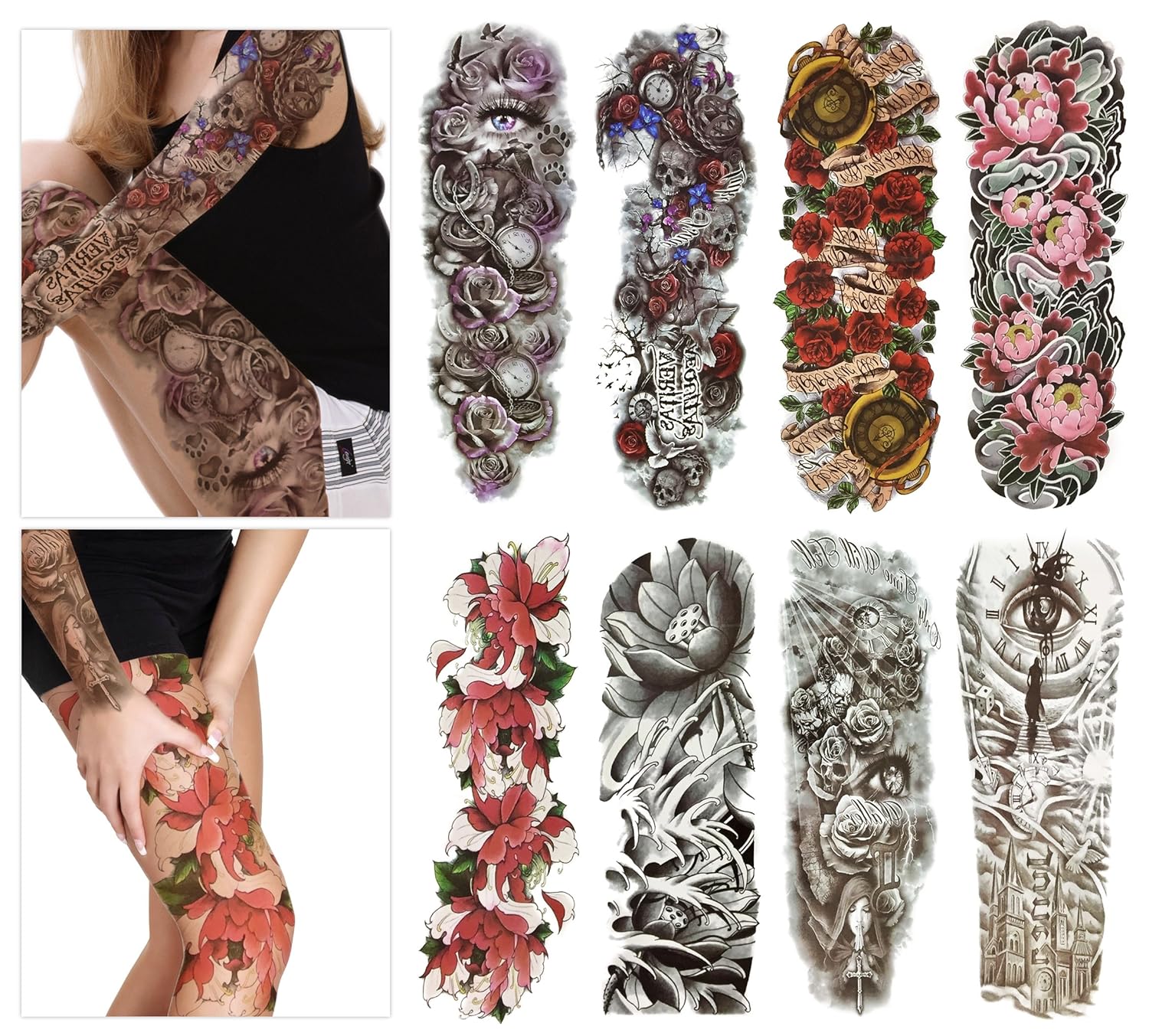 Fashion Temporary Tattoo Transfer Stickers - 8 Sheets Large Size Tattoo Body Stickers for Man & Women Waterproof Removeable Non-Toxics & Safe for All Skin (Set.3)