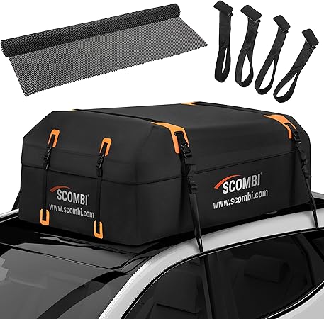 Amazon Scombi ミリタリーグレード 防水ルーフトップカーゴキャリア 19立方フィート ドアフック4個付き ジッパー バックル開閉 予備ストラップ ブラックルーフバッグ ラック有り 無しの車用 カーアクセサリ 車 バイク