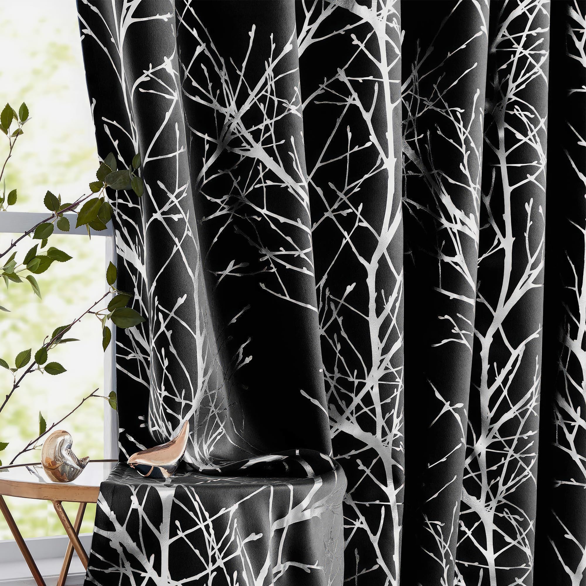 Fmfunctex Blackout Thermal Curtains for Bedroom 54 Inch Drop Black Silver Eyelet Curtains for Living Room Branch Foil Print Room Darkening Energy Saving Window Curtain Drapes 2 Panels — image 1