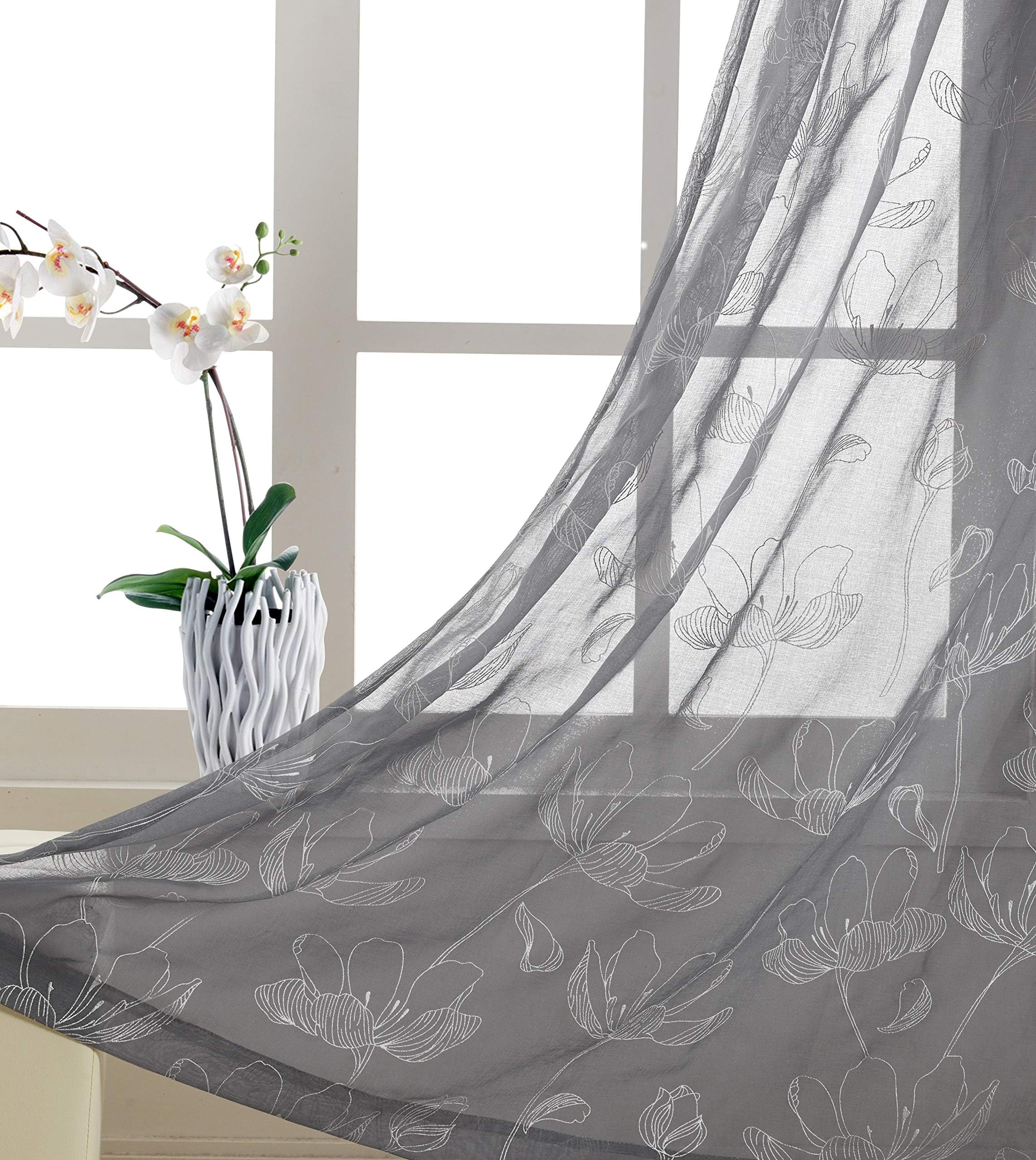 Gold Dandelion Sheer Curtains for Bedroom Floral Panels for Living Room Transparent Grey Voile Base with White Coating Printing Cute and Lovely 84 inch Length Eyelet/Rings Top One Pair