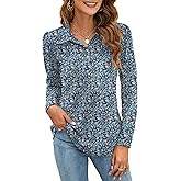 LOMON Womens Polo Shirts Button Down Collared Long Sleeve Tops V Neck Loose Blouses