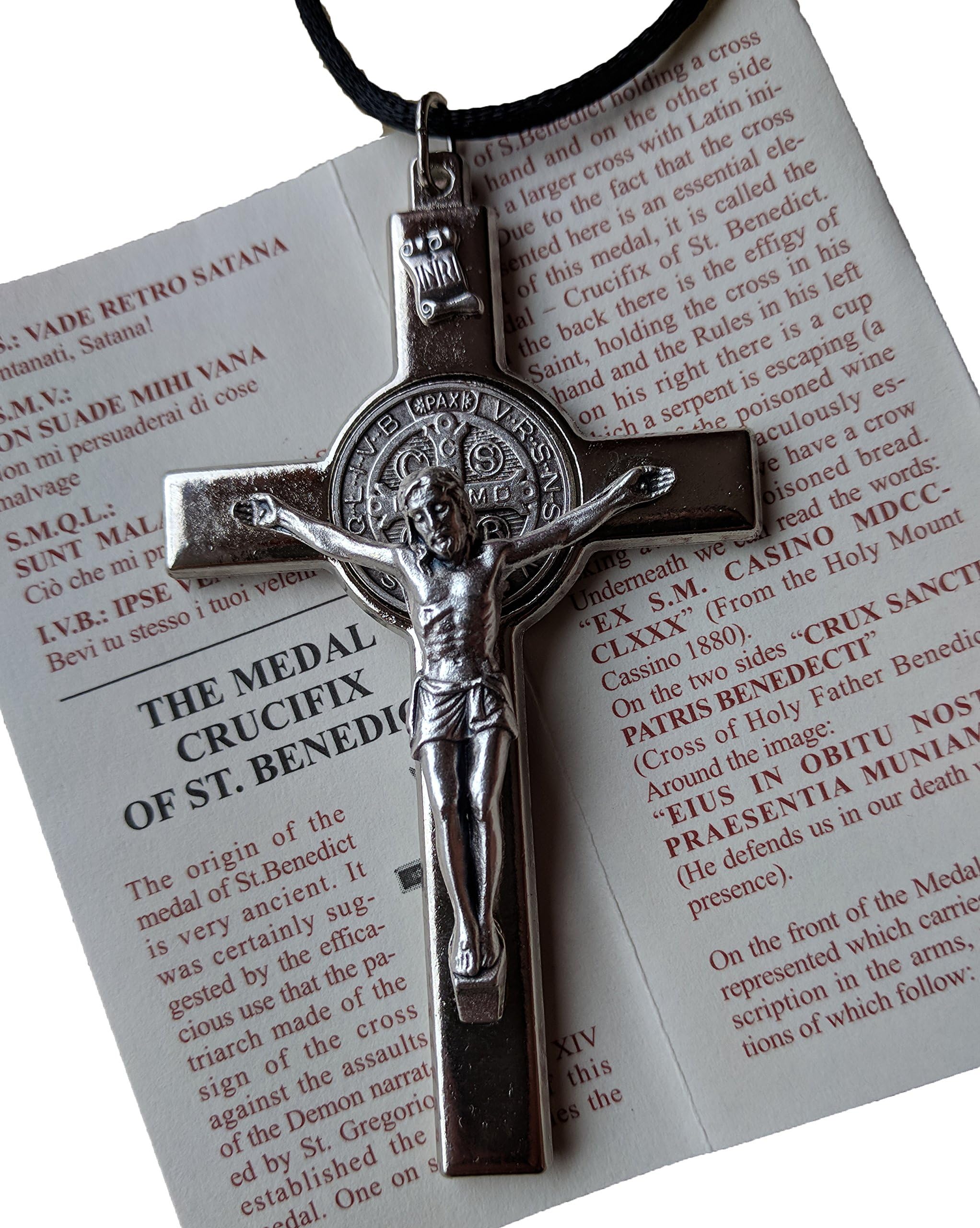 MedjugorjeOnlineShop St Saint Benedict Cross Silver Plated Crucifix Christian Silver Tone Pendant Necklace 3.2''