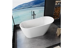 Morhome 59" White Acrylic Freestanding Bathtub Contemporary Soaking Bath Tub with Drain And Chrome Overflow, cUPC Certified for Bathroom Hotel