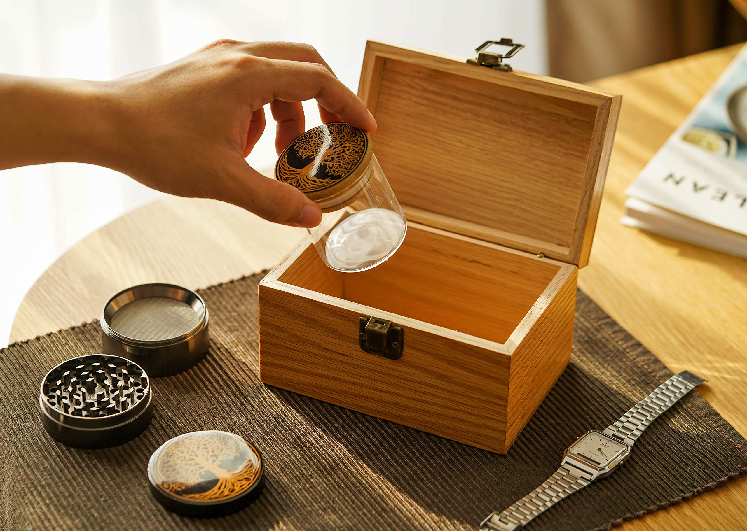 Tree of Life Oak Wood Stash Box Combo - Big Size Titanium 4 Part Herb Grinder - Airtight Wood Lid Glass Stash Jar - Engraved Wood Handmade Decorative Stash Box - Smell Proof and Airtight.