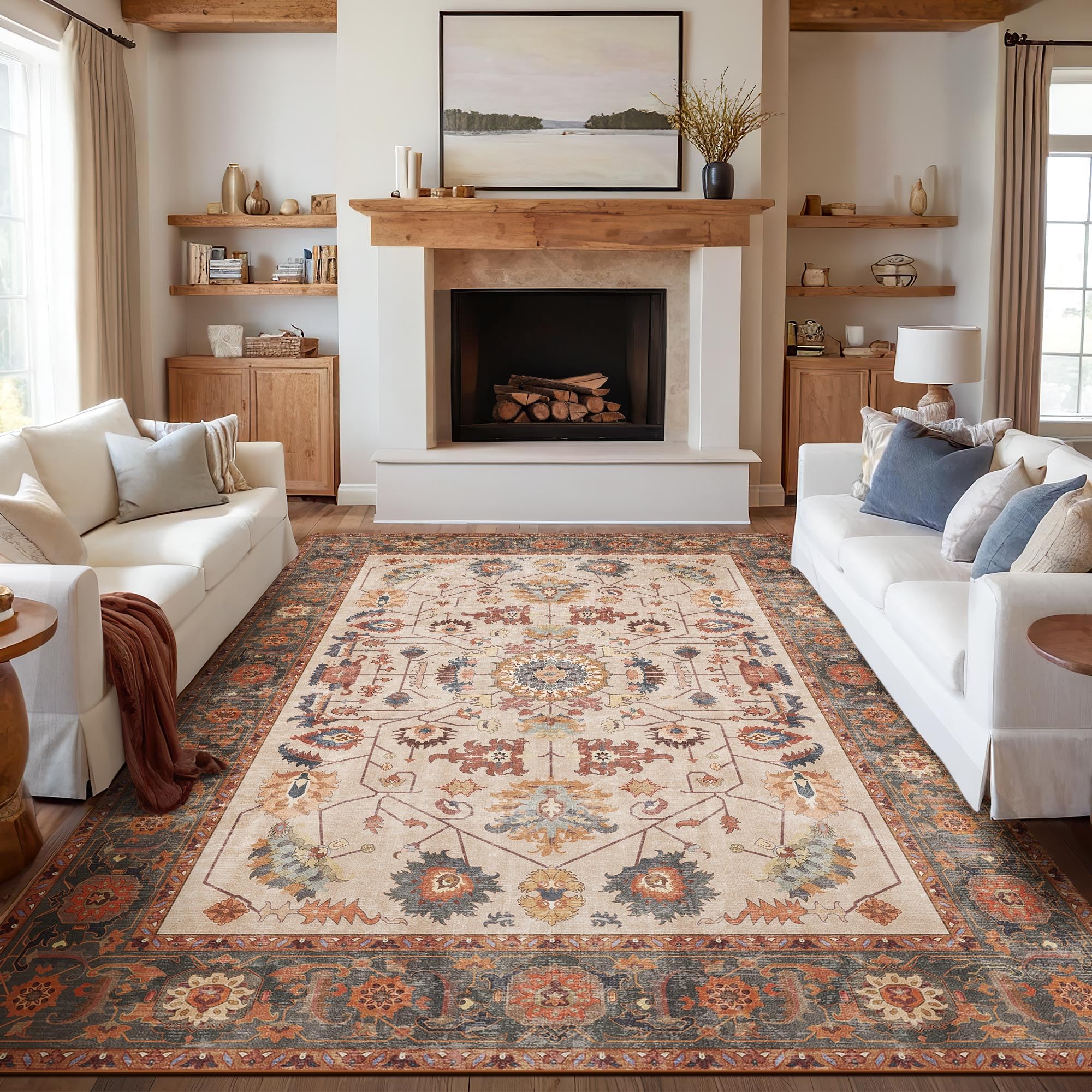 Photo 1 of Kokia 9x12 Area Rugs Living Room Washable Non Slip Low Pile Vintage Floral Stain Resistant Soft Large Rugs for Bedroom, Dining Room, Kitchen, Indoor Leisure Rooms, Nova Tangerine Sand Moss Chesnut