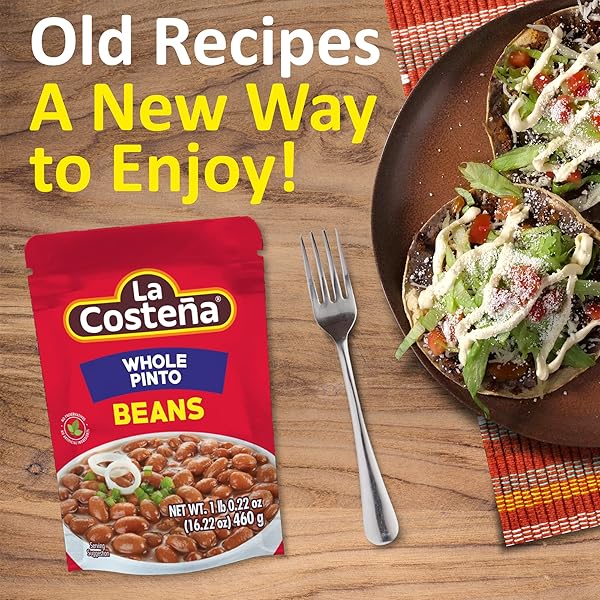 LA COSTEÑA WHOLE PINTO BEANS – 60 SECOND MICROWAVE READY TO EAT MEALS – MEXICAN FOOD, VEGETARIAN CHILI INGREDIENTS, BEAN DIP, BEAN BURGER, BURRITO & VEGAN PROTEIN SALAD – 16.22OZ, 8 PACK POUCHES