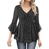 Triratna Womens Blouses Dressy 3/4 Ruffle Sleeve Sparkly Shirts Mesh Flowy Elegant Fall Peplum Tops for Evening Party
