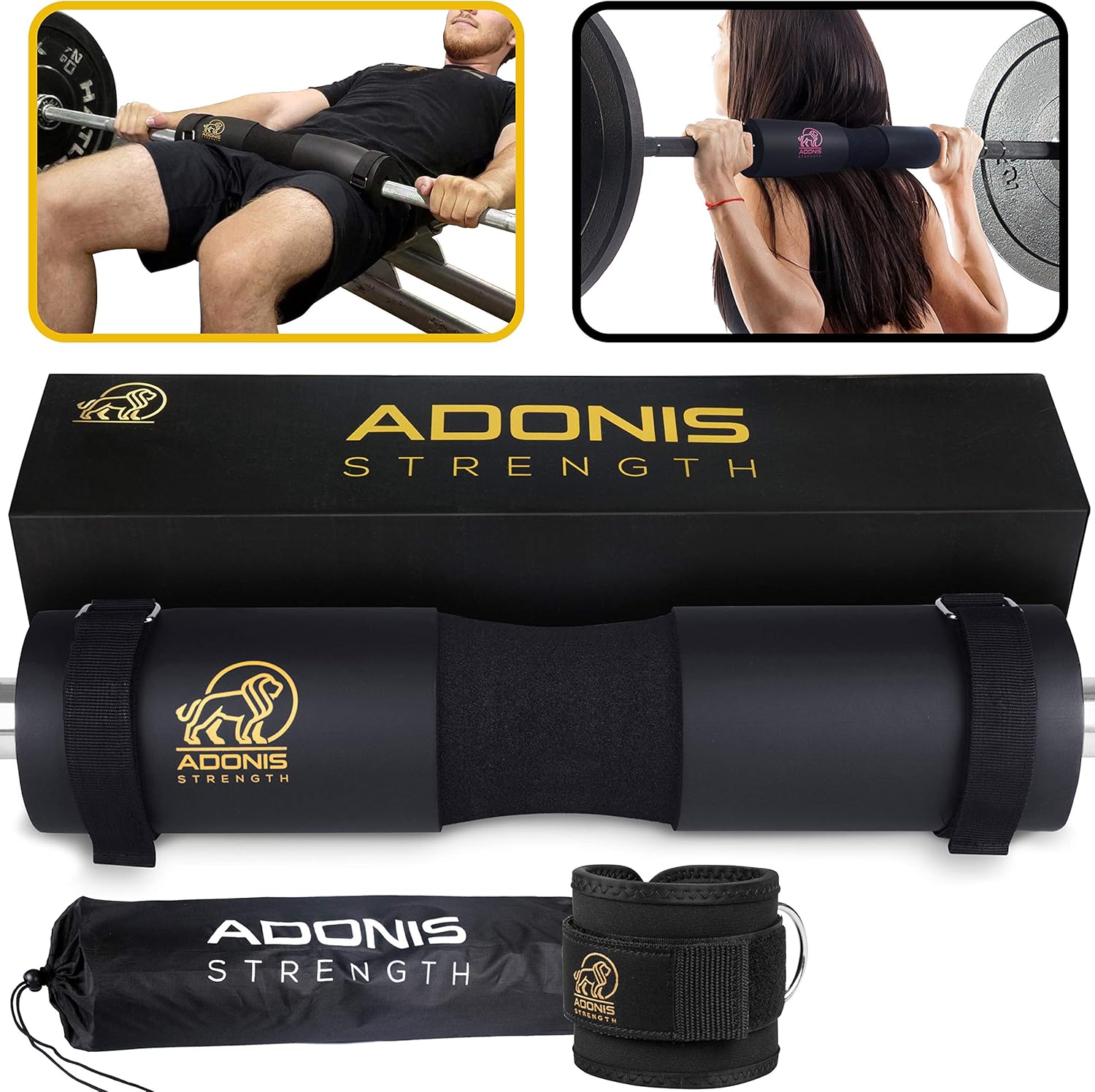 Sturdiest Barbell Pad & Bonus Ankle Strap - Hip Thrust Pad for Heavier Squats & Hip Thrusts - Bar Pad Cushions Pelvis & Neck Against Bruises - Velcro Straps Keep Squat Pad in Place