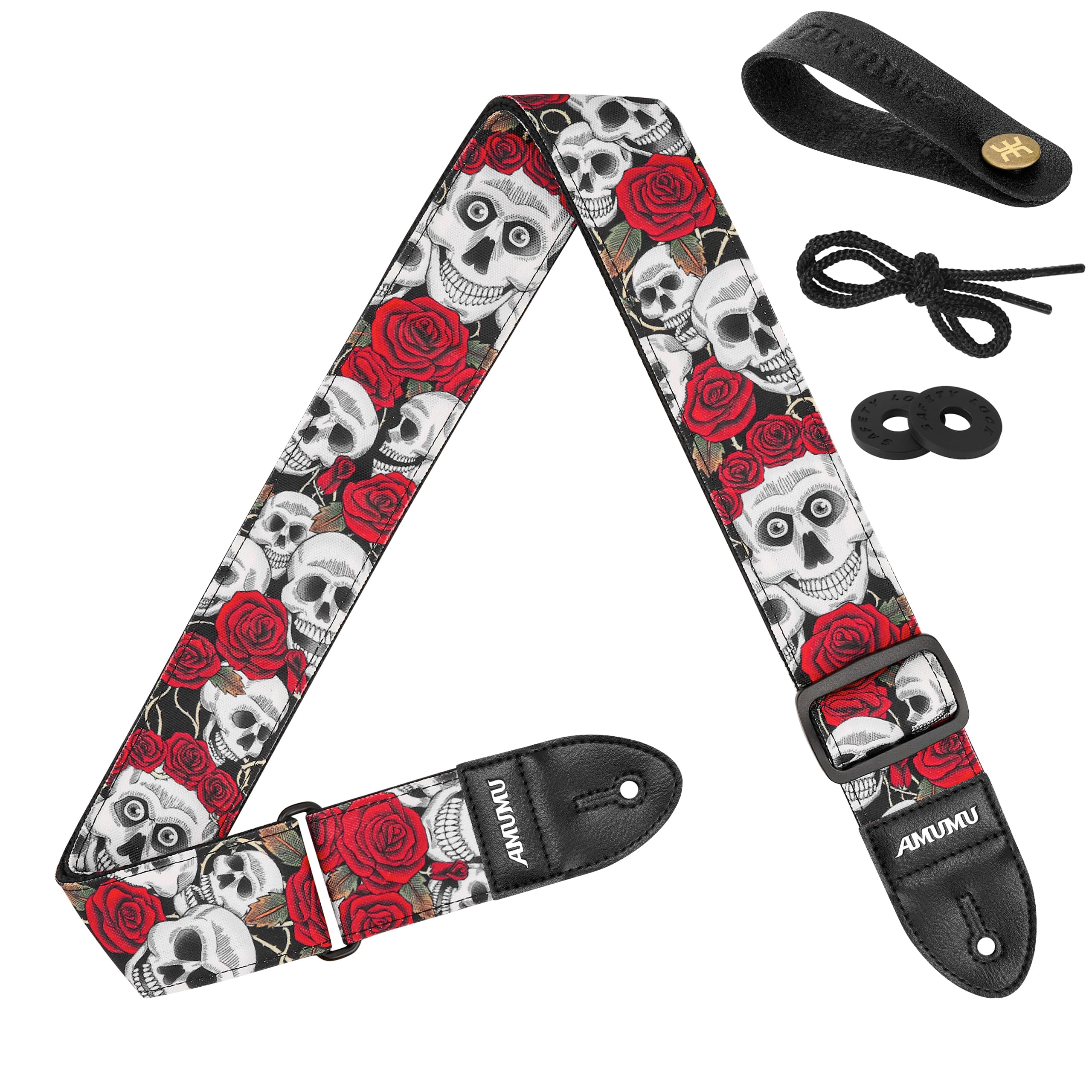 Amumu Guitar Strap for Acoustic Guitar Electric Guitar and Bass Guitar -Denim, Rose Skull, 5
