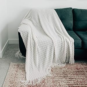 GRACED SOFT LUXURIES Throw Blankets Textured Soft for Sofa Couch Decorative Knitted Tassle Fringe Blanket (Ivory, Extra Large 60