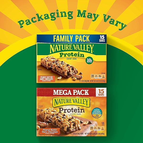 NATURE VALLEY BREAKFAST BARS, PROTEIN GRANOLA BARS, PEANUT BUTTER DARK CHOCOLATE, CHEWY, GLUTEN-FREE, INDIVIDUALLY WRAPPED, ON-THE-GO, NO ARTIFICIAL FLAVORS OR HIGH FRUCTOSE CORN SYRUP, 15-COUNT BOX