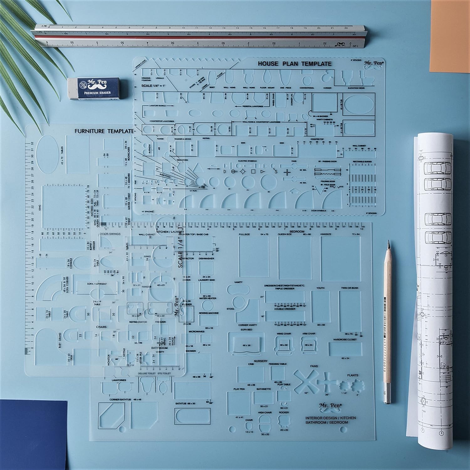 Mr. Pen House Plan, Interior Design and Furniture Templates, Drafting Tools and Ruler Shapes for Architecture - Set of 3: Arts, Crafts & Sewing