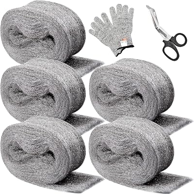 Meff-Mluk 5 Pack Steel Wool Mice Barrier 15m Ultra Fine 0000 with Gloves