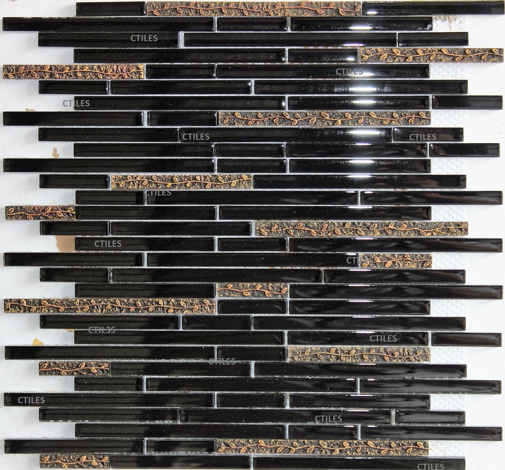 Long Black Glass Strips Tile with Antique Gold Stone Imprint Mosaic backsplash Tile Walls (1 Sheet)