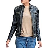 Jild Quilted Design Leather Jacket Women - Cafe Racer Style Real Lambskin Womens Leather Jacket